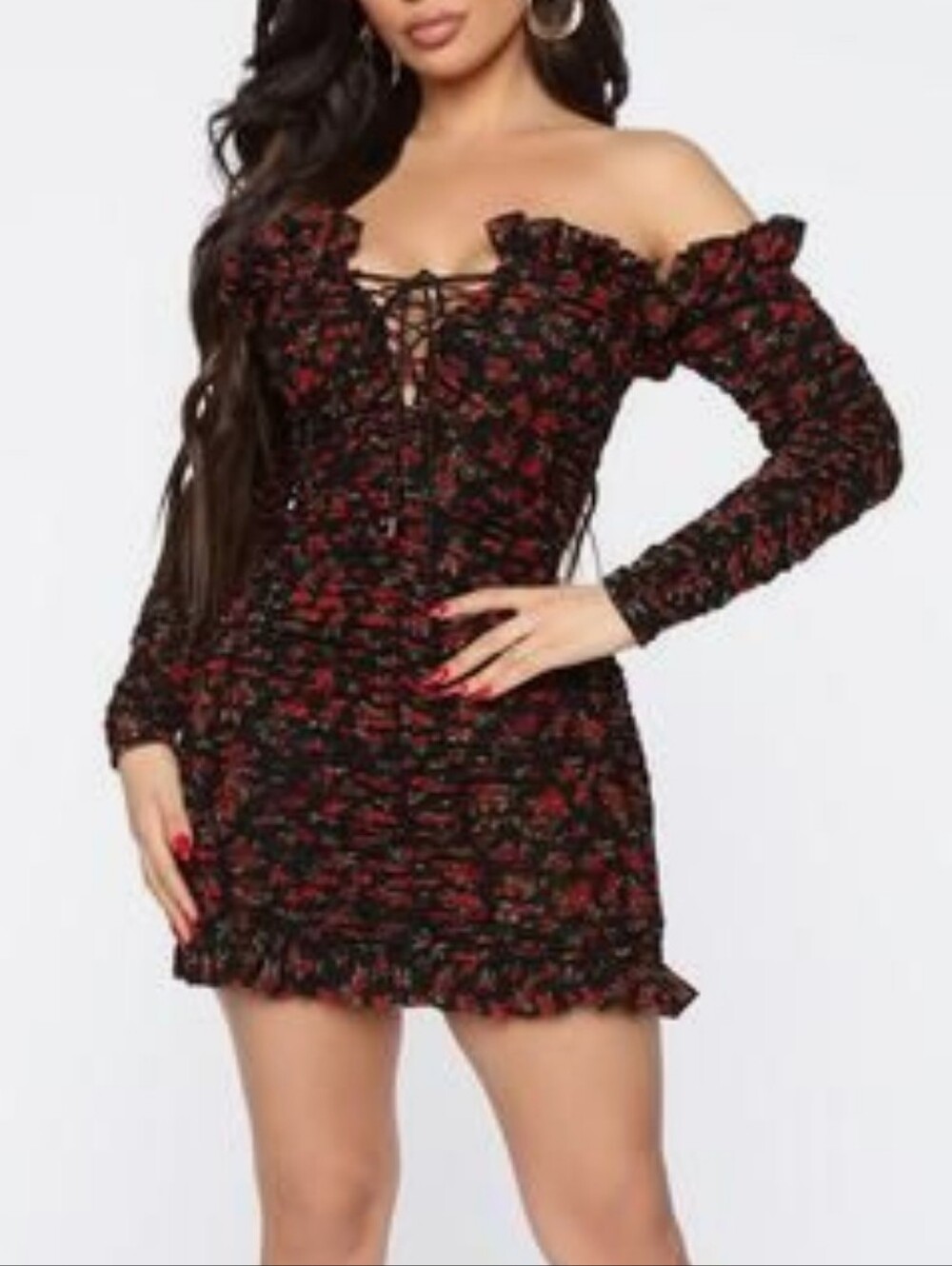 Fashion Nova Black & Red Floral "Being Romantic" Ruched Off-Shoulder Mini Dress
